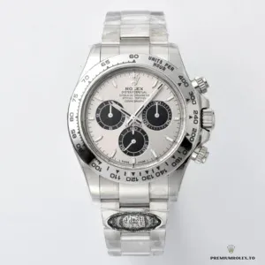 Full bracelet view of the Daytona 126509 white gold on display