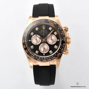 Close-up of diamond hour markers on the bright black dial