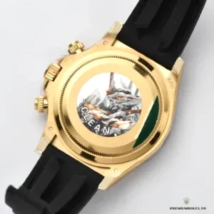 Close-up of white dial with black subdials in reverse-Panda layout
