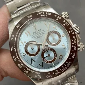 Wrist shot of the Rolex Daytona 116506 Arabic ice blue on platinum-tone steel