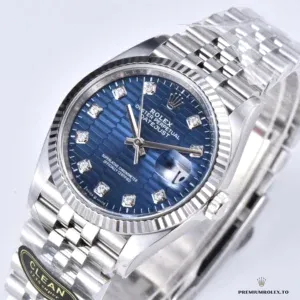 Datejust 126234 at angle showing fluted bezel and dial pattern interplay