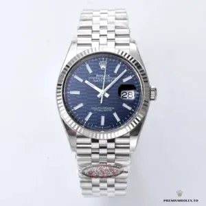 Crown and case side of the Datejust 126334 blue fluted reference