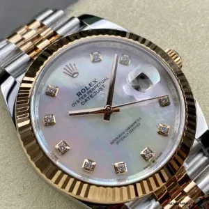 Full bracelet view of the Datejust 126331 showing two-tone link pattern