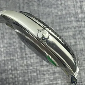 Side profile of the Datejust 126334 with Oystersteel case and white gold-plated bezel