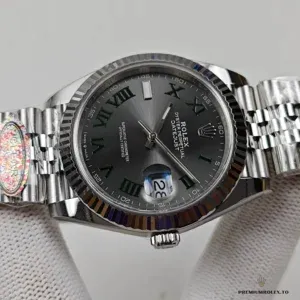 Datejust 126334 grey dial at angle showing bezel ridges catching light