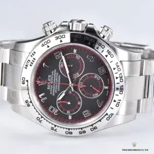 Close-up of the black dial with silver chronograph subdials