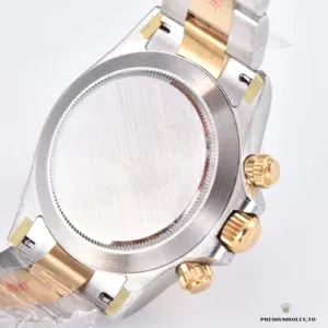 Close-up of mother of pearl dial with diamond markers on two-tone Daytona