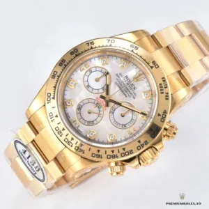 Tachymeter bezel scale and case edge on the yellow gold Daytona