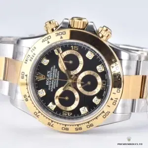 Close-up of Daytona 116503 black dial showing three chronograph subdials
