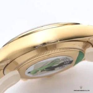 Daytona 116508 side profile showing yellow gold-plated case and tachymeter bezel