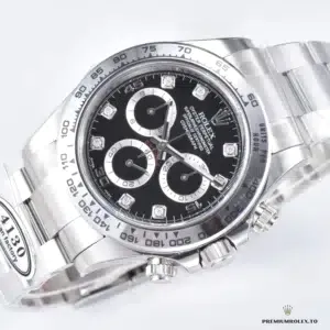 Close-up of bright black dial with diamond-set hour markers