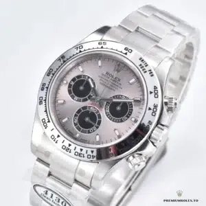 Close-up of silver dial with three recessed chronograph subdials
