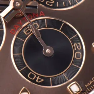 Close-up of chocolate brown dial with subdial registers on 116515LN