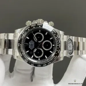 Silver subdial rings and chronograph counters on the black dial