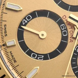 Close-up of the champagne dial subdials and gold hour markers