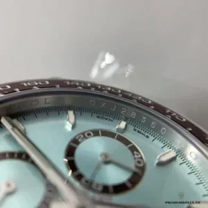 Minute counter subdial at three and hour counter at nine on ice blue dial