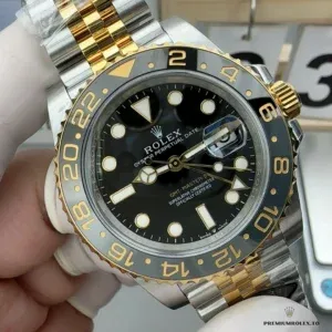 Grey-black Cerachrom bezel detail on the Rolesor GMT-Master II