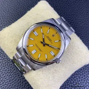 Wrist shot of the Oyster Perpetual 124300 yellow dial model