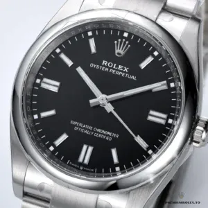 Oyster Perpetual 126000 front face under warm studio lighting