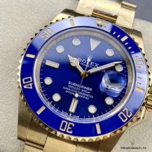 Close-up of a Submariner 126618LB blue dial and blue bezel in a gold-plated case
