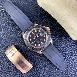 Yacht-Master 126655 side profile showing rose gold-plated case and ceramic bezel