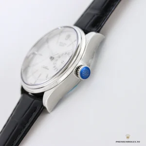 White gold-plated Crownclasp and black alligator strap on Cellini 50519
