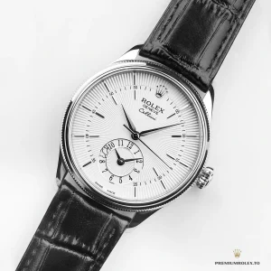 Second timezone subdial at 6 on silver dial background