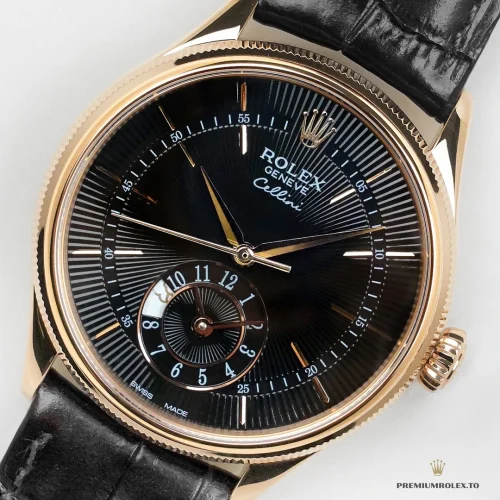 Fake Rolex Cellini Dual Time Rose Gold 50525 Black Dial - Luxury Replica Watch