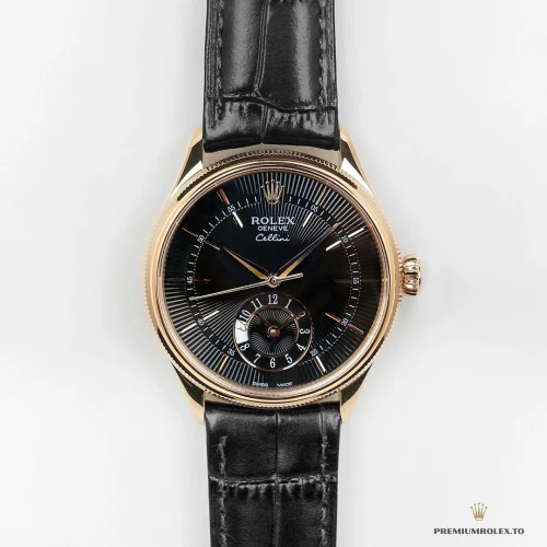 Fake Rolex Cellini Dual Time Rose Gold 50525 Black Dial - Swiss-Made Clone Watch