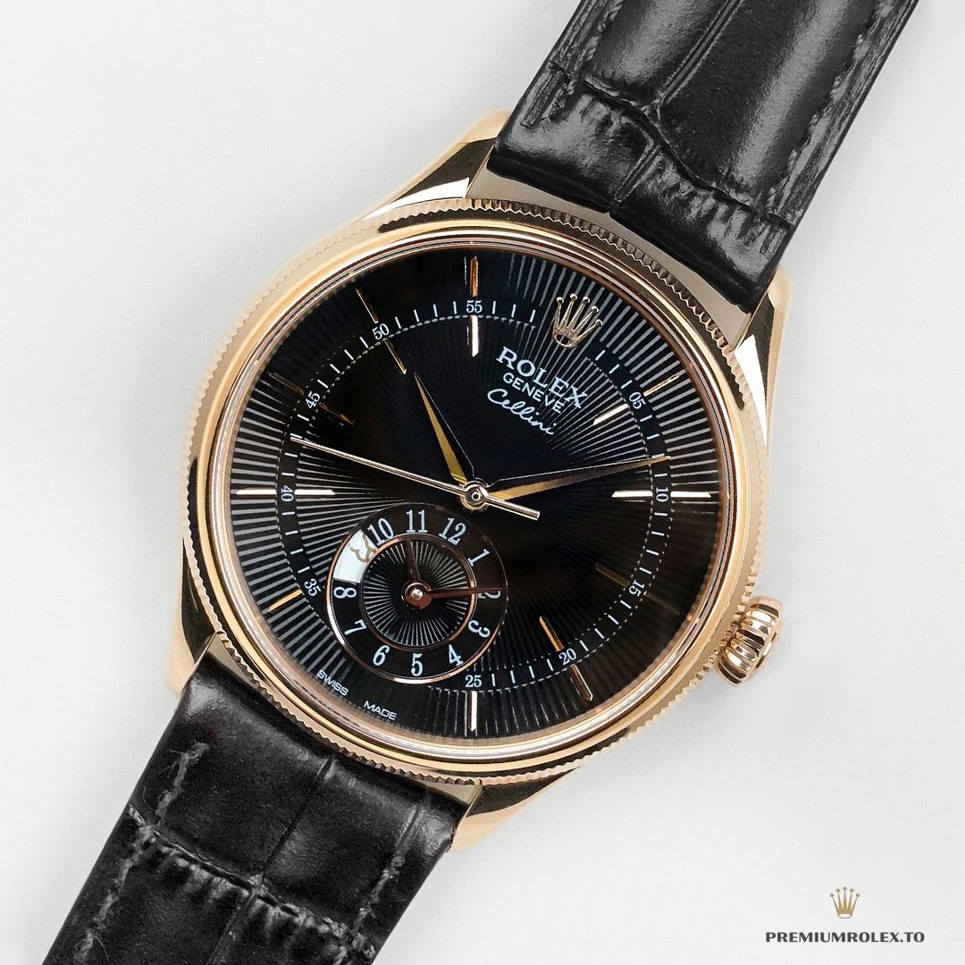 Fake Rolex Cellini Dual Time Rose Gold 50525 Black Dial - Premium Super Clone Watch