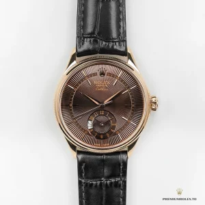 Cellini 50525 side profile showing Everose gold-plated case and lugs