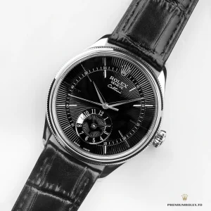 Cellini Dual Time 50529 with black dial, second time zone subdial at six and black leather strap