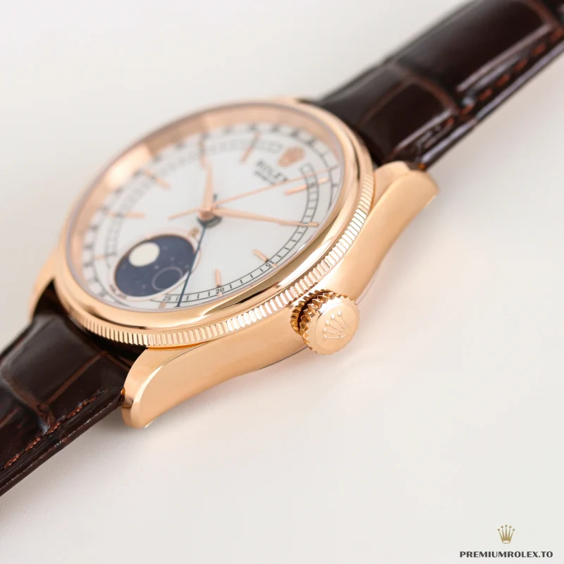 Cellini Moonphase 50535 with white dial and rose gold-plated case on a brown leather strap