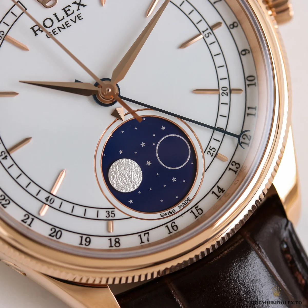 Macro of the blue moon disc at six on the white-dial Cellini Moonphase 50535