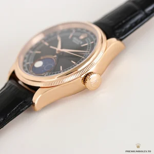 Side angle of the black-dial Cellini Moonphase 50535 with rose gold-plated case and stepped bezel