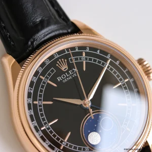 Cellini 50535 side profile showing Everose gold-plated case and fluted bezel