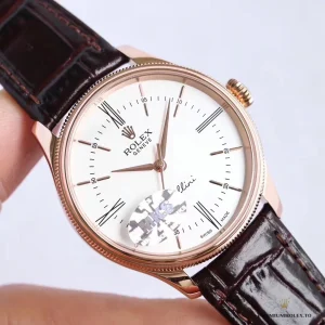 Cellini 50505 side showing Everose gold-plated case and fluted bezel