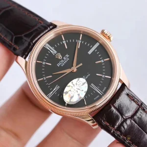 Dauphine-style hands in Everose gold tone sweeping across black dial