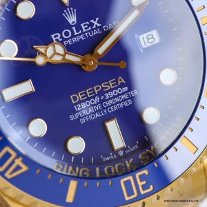 Side profile of gold Deepsea showing Ringlock case and crown guards