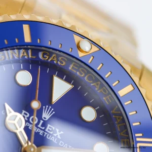 Overhead angle of gold Deepsea showing full case and bezel assembly