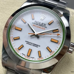 Milgauss 116400 white dial showing orange lightning bolt seconds hand sweep