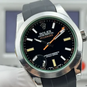 Milgauss 116400GV lume shot on rubber strap glowing in dark