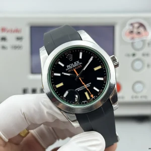 Milgauss crown side view showing screw-down crown and smooth bezel