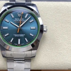 Overhead angle of the Milgauss 116400GV blue dial and orange accents