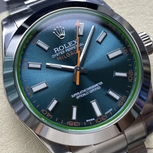 Milgauss Z-Blue lume shot with green luminous hour markers