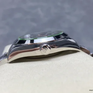 Caseback view showing solid steel back with Rolex coronet engraving