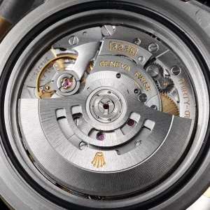 Side profile showing yellow gold-plated crown guards and ceramic bezel on 126603