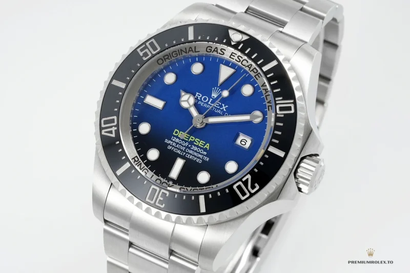 Deepsea 126660 with blue-to-black gradient dial and black bezel, studio three-quarter view