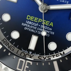 Side profile showing Ringlock case and domed sapphire on D-Blue Deepsea