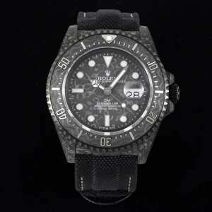 Side profile showing carbon-fiber wave pattern on case and bezel